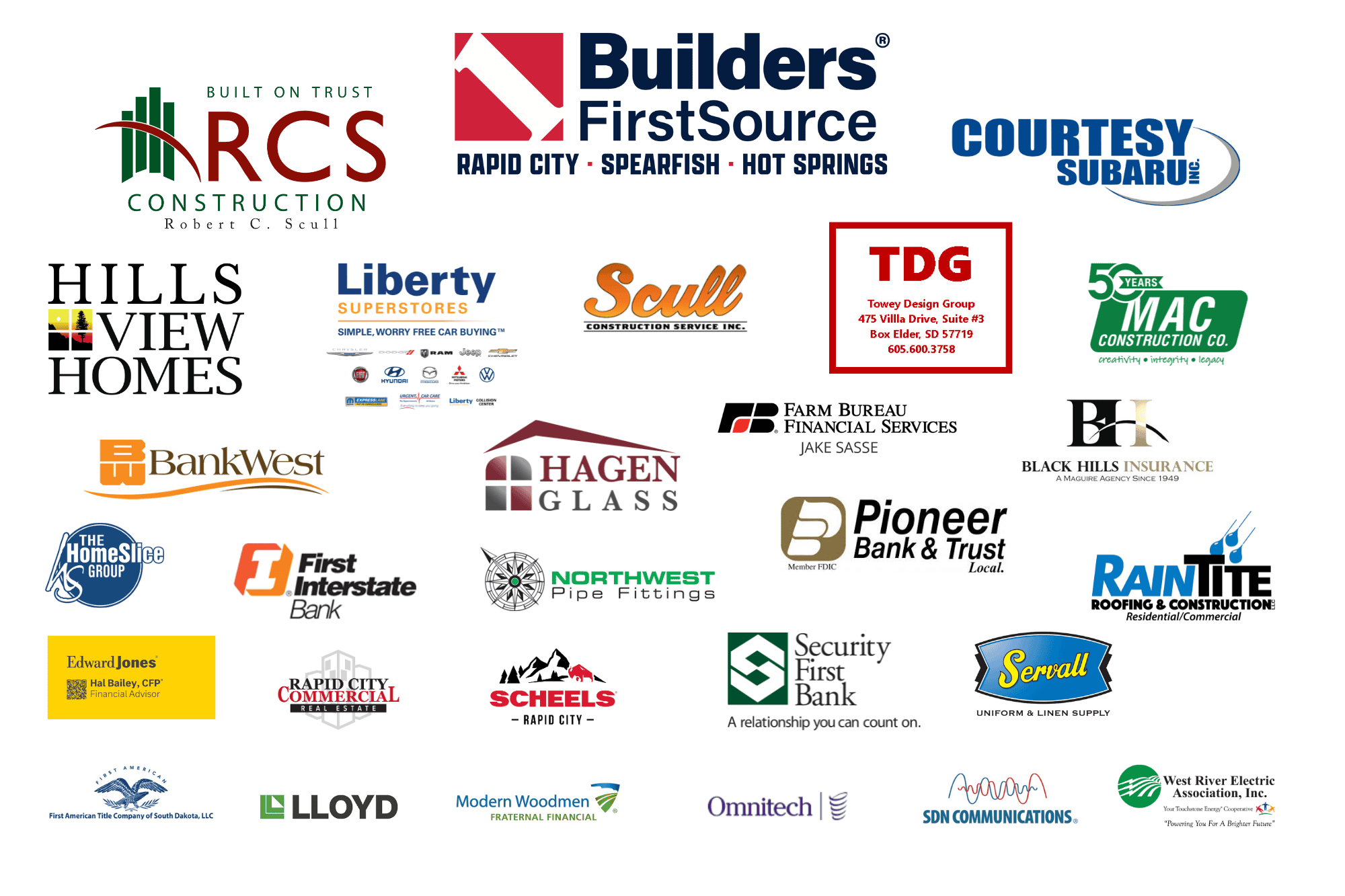 Sponsor appreciation from Black Hills Area Habitat for Humanity featuring community partners including Builders FirstSource, Courtesy Subaru, RCS Construction, Hills View Homes, Liberty Superstores, Scull Construction Service Inc., Towey Design Group, MAC Construction Co., BankWest, Hagen Glass, Pioneer Bank & Trust, Security First Bank, SCHEELS Rapid City, and other local businesses supporting affordable housing in the Black Hills.